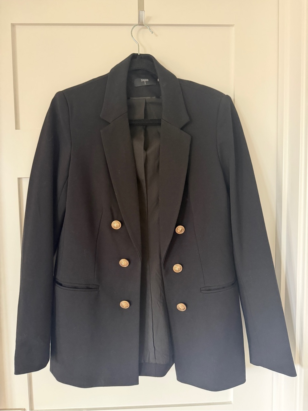 Women’s Tahari Black Tailored Blazer Size 6 Gold Lion Buttons Open Front